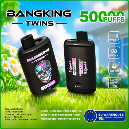 Két fekete Bangking Twins eldobható vape, 50 000 szívást hirdetve, Type‑C töltéssel, 650mAh akkumulátorral és kettős hálós tekercsekkel