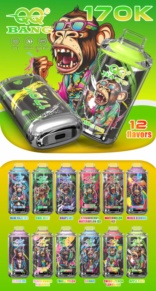 Colorful ad for QQ Bang 170K vape with cartoon monkey design, highlighting 12 flavors including Apple Pear and Blue Razz Ice