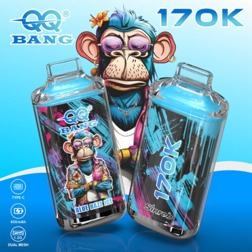 Two QQ Bang 170K vape devices with colorful monkey design, labeled Blue Razz Ice, 650mAh, Type-C, Dual Mesh