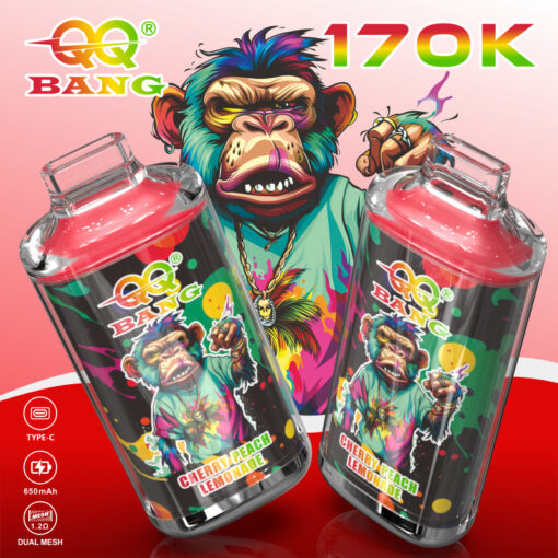 Two colorful QQ Bang vape devices labeled Cherry Peach Lemonade with cartoon monkey design and 170K, Type-C, 650mAh, dual mesh text