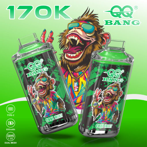 Two green QQ Bang Cool Mint vape devices with cartoon monkey graphic and 170K text, plus Type-C, 650mAh, Dual Mesh icons