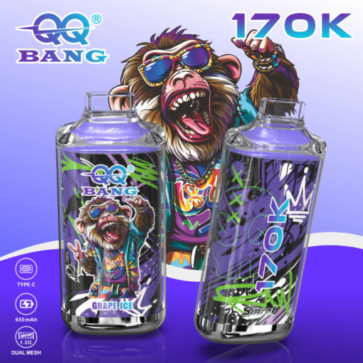 Two purple QQ Bang vape devices labeled Grape Ice with cartoon monkey art and 170K, 650mAh, Type-C icons