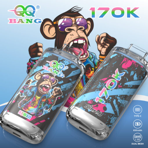 Two clear vape devices labeled “170K” with colorful cartoon monkey design, Type-C, 650mAh, dual mesh noted on packaging
