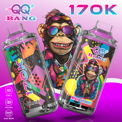 Colorful QQ Bang vape devices with cartoon monkey design, 170K puffs, Mixed Berries flavor, 650mAh Type-C dual mesh