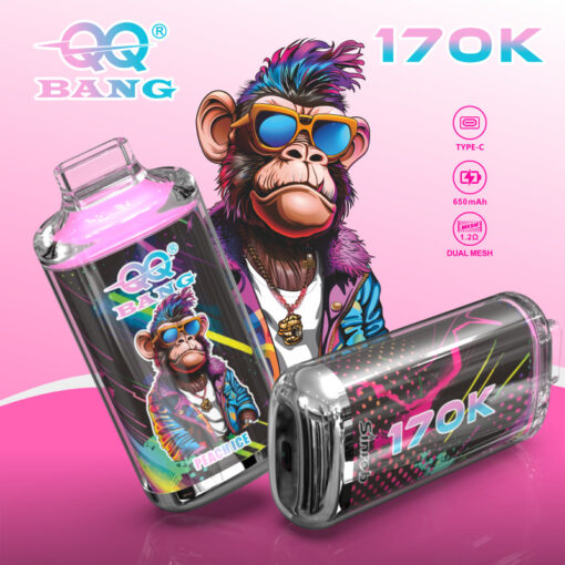 QQ Bang 170K disposable vape with cartoon monkey design, labeled Peach Ice, Type-C, 650mAh, Dual Mesh