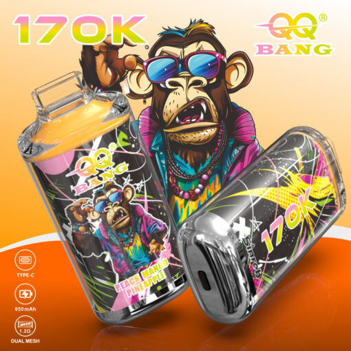 Colorful QQ Bang 170K disposable vape with cartoon monkey design, peach mango pineapple flavor, 650mAh Type-C charging