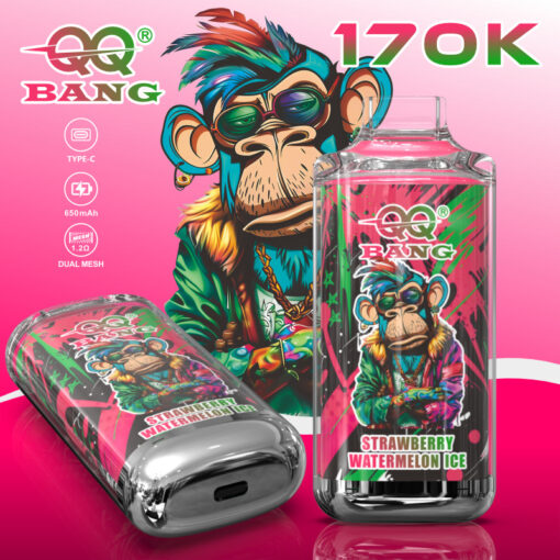 QQ Bang 170K vape device in Strawberry Watermelon Ice flavor with colorful monkey graphic and Type‑C, 650mAh, dual mesh icons