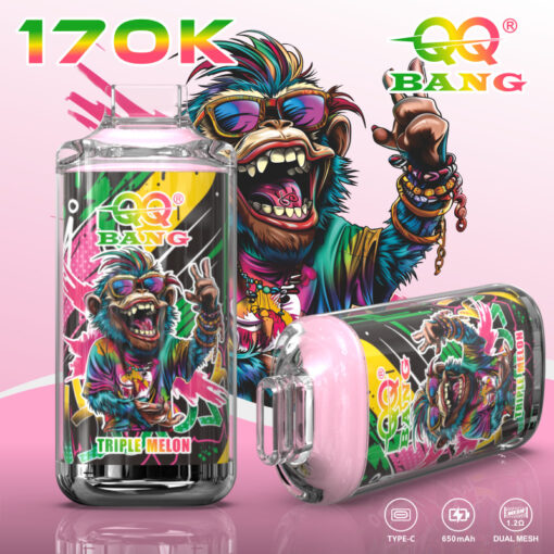 QQ Bang Triple Melon 17000 vape device with colorful monkey graphic, shown upright and sideways with feature icons below