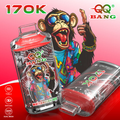 QQ Bang Watermelon Ice vape with cartoon monkey design, 170K puffs, Type-C 650mAh dual mesh device shown upright and sideways