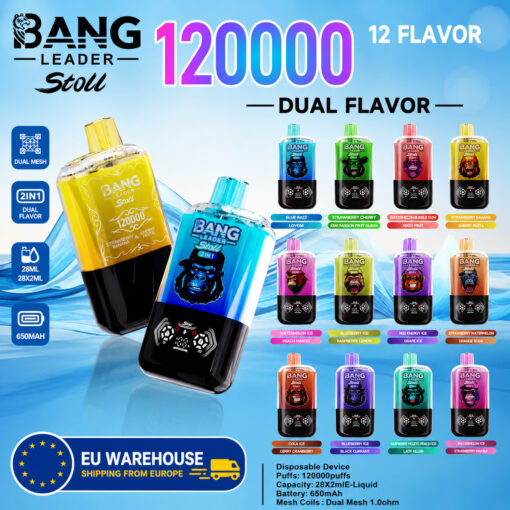 Colorful display of Bang Leader Stoll 2-in-1 disposable vape devices in assorted flavors with prominent 120000‑puff text