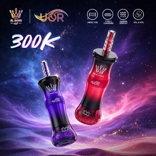 Promotional graphic for AL BANG YOR 300K vape devices, showing red Double Apple and purple Grape Ice models with feature icons and starry space background