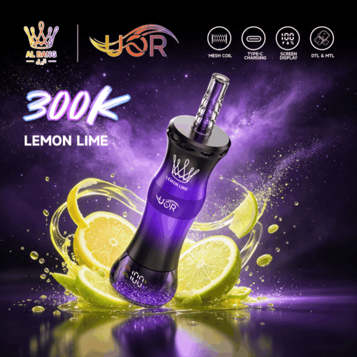 Purple vape device with lemon and lime splash, labeled 300K Lemon Lime, on a starry black background with feature icons