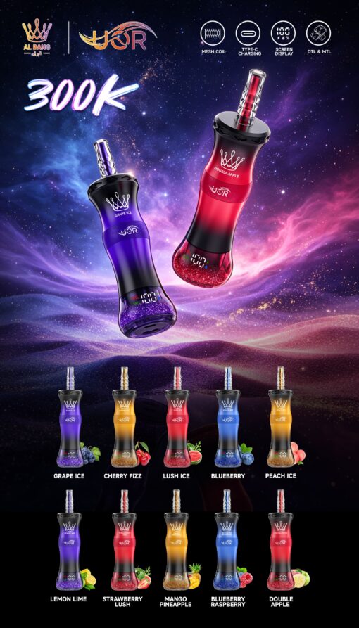 Promotional poster for JOR vape devices with two large vapes, 300K text, feature icons, and multiple flavor options displayed below