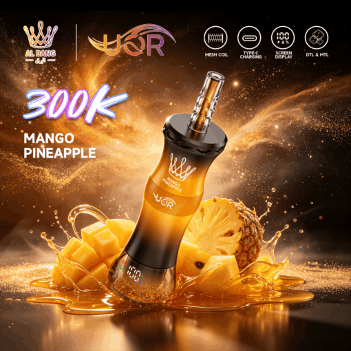 Mango pineapple vape device with fruit splash, labeled 300K, showing mesh coil, USB-C charging, display, and DTL/MTL features