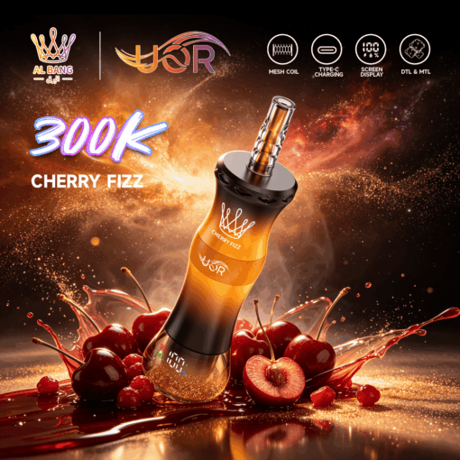 Promotional image of a cherry-fizz vape device with cherries, fruit splash, and feature icons on a glowing cosmic background