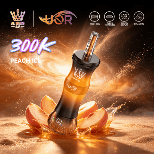 Peach ice vape pod surrounded by peach slices and golden splash, with 300K text and feature icons on a dark background