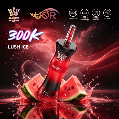 Promotional image of a red-and-black vape device with watermelon slices, labeled Lush Ice 300K, on a red splash background