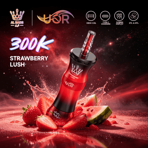 Strawberry-flavored vape with strawberries and watermelon, labeled 300K and featuring mesh coil, Type-C charging, and screen display icons
