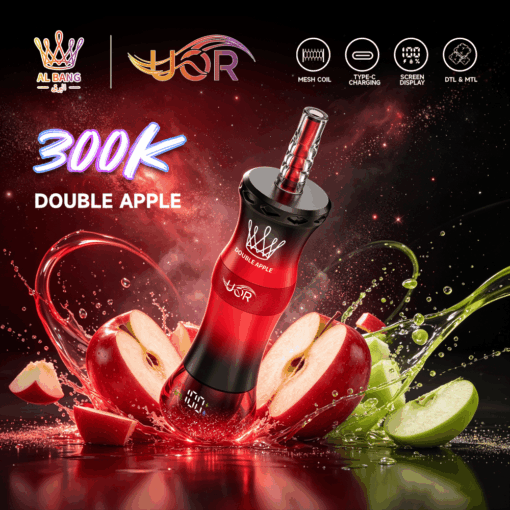 Promotional ad for AL BANG YOR 300K Double Apple vape with apples and flavor splash effects
