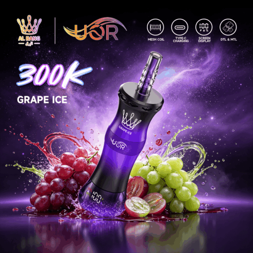 Promotional graphic for a purple YOR vape, labeled 300K Grape Ice, with grapes, splash effects, and feature icons