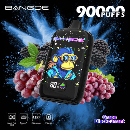 Promotional image of a Bangde 90000 Puffs vape with grape and blackcurrant berries, a cartoon monkey, and feature icons
