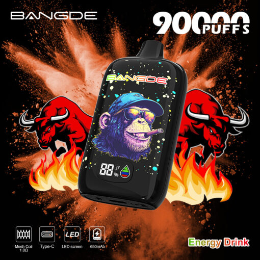 Promotional graphic for a Bangde 90000 Puffs vape with a chimp design, bull graphics, and Energy Drink flavor text