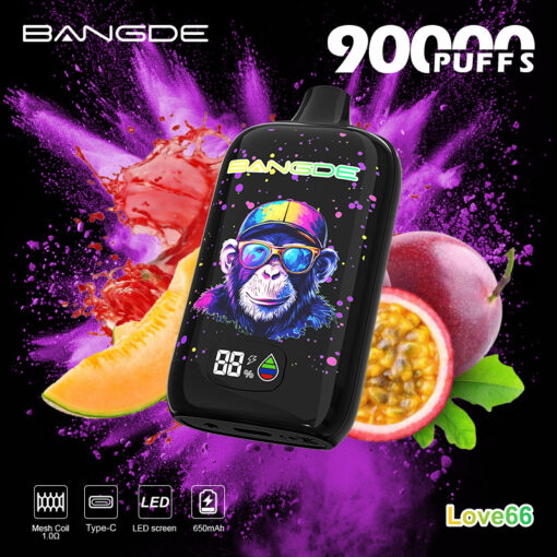 Black Bangde 90000 Puffs vape with colorful monkey graphic, surrounded by fruit splashes on a purple burst background