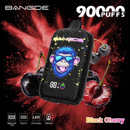 Black Bangde vape device with cartoon monkey graphic, cherries, and 90,000 puffs promo text