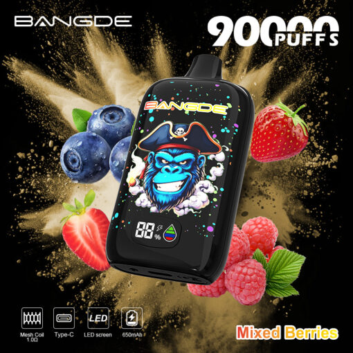 Promotional image of a Bangde vape device with mixed berries graphics and flavor text, surrounded by berries and gold powder burst