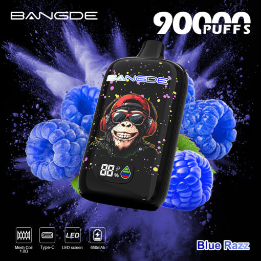 Bangsde 9000 Puffs Blue Razz vape with black device and berry graphic on a dark blue background
