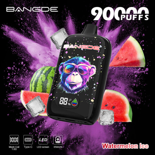 Ad for a Bangde vape with a colorful monkey graphic, watermelon and ice, and 90000 puffs text on a black background