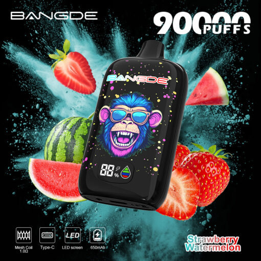 Black Bangde vape with monkey graphic, surrounded by strawberry and watermelon splashes and fruit slices