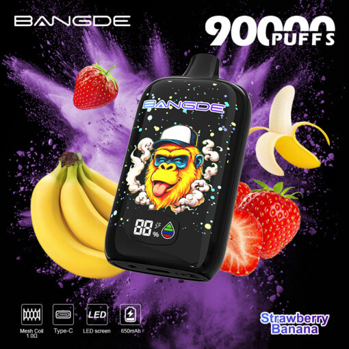 BANGDDE 9000 PUFFS vape with strawberry and banana graphics, surrounded by fruit and purple splash effects