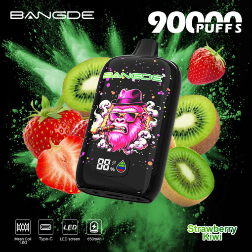 Black Bangde vape with pink gorilla graphic, surrounded by strawberries and kiwis on a green splash background