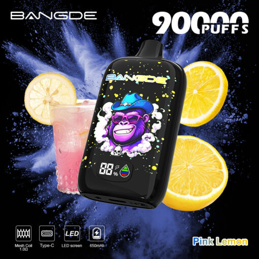 Bangde disposable vape labeled Pink Lemon, shown with lemon slices and a pink drink splash