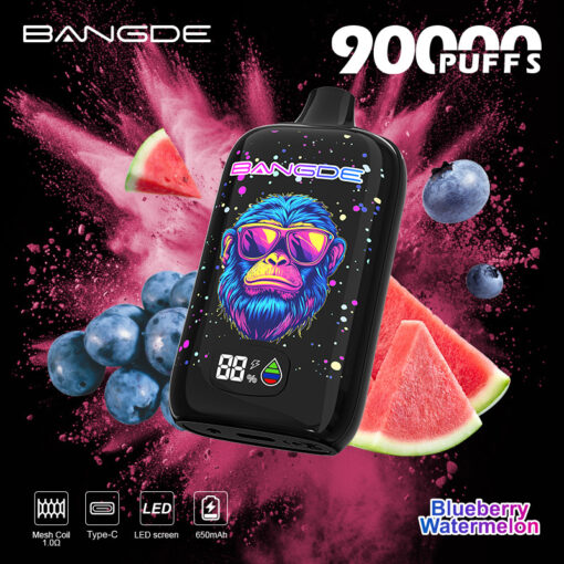 Bangde 9000 Puffs vape device with blueberry and watermelon graphics on a black background, surrounded by fruit splashes