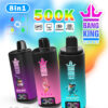 Colorful Bang King Vapen 8in1 vape ad showing three devices, 500K, and feature icons for mesh coil, LCD, 650mAh, USB-C
