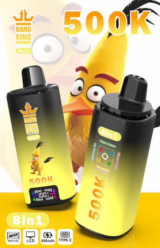 Visuel promo Bang King Vapen 8-en-1 500K avec mascotte oiseau jaune cartoon et icônes des fonctionnalités