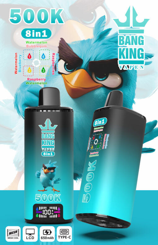 Image promo Bang King Vapen 8-en-1, deux modèles turquoise, étiquettes de saveurs et texte 500K
