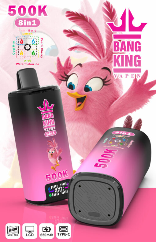 Pub Bang King vape rose avec mascotte oiseau, 500K 8-en-1 saveurs et deux vues des appareils sur fond rose