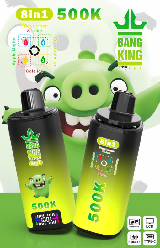 Mascotte cochon vert cartoon derrière deux Bang King 8-en-1 avec étiquettes de saveurs et texte 500K