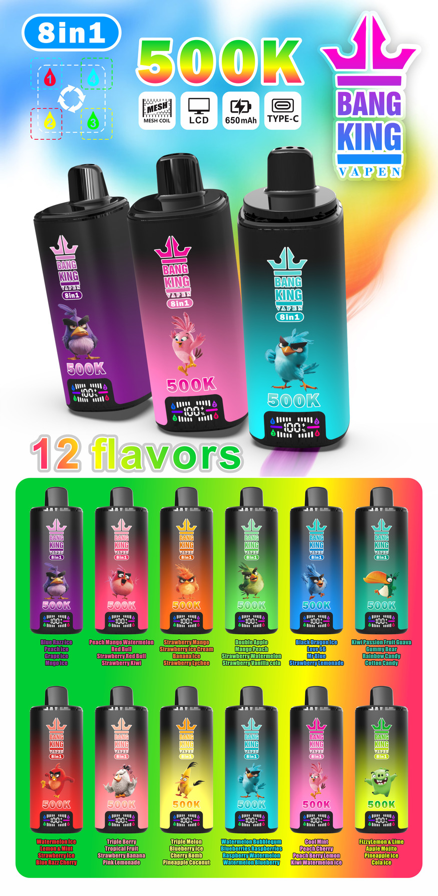 BANGKING 　k Bang King 500K 8-in-1 Disposable Vape | LCD Display | 650mAh