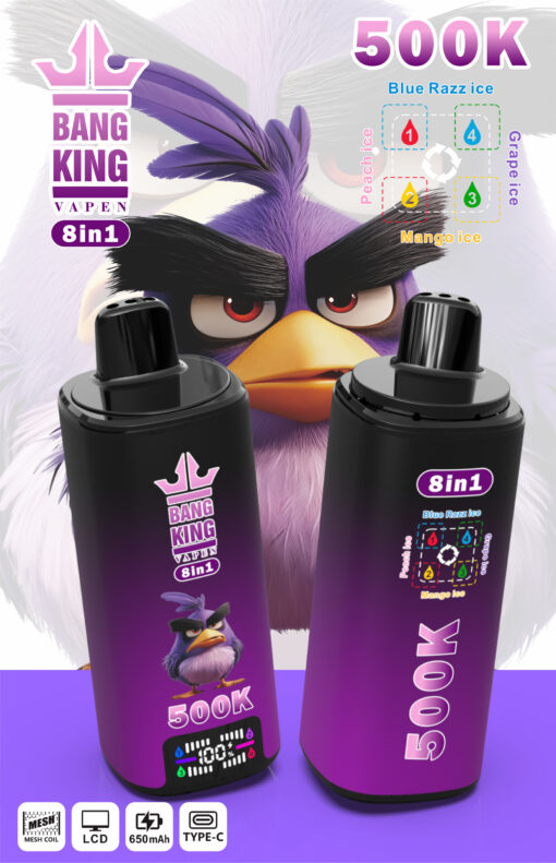 Visuel promo pour le Bang King Vapen 8-en-1, avec appareil violet, oiseau façon Angry Birds, et texte 500K