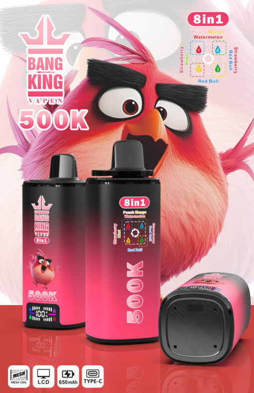 Visuel promo Bang King 8-en-1 avec design Angry Birds et texte 500K, montrant trois modèles noir et rose