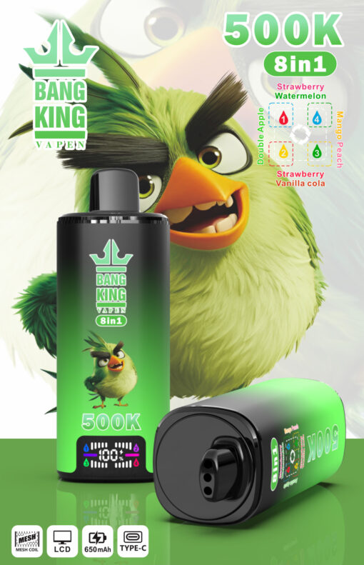Visuel promo Bang King Vapen 500K 8-en-1 avec oiseau vert style Angry Birds et étiquettes de saveurs