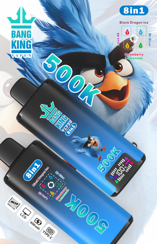 Visuel promo Bang King Vapen 8-en-1 avec design Angry Birds et étiquettes de saveurs