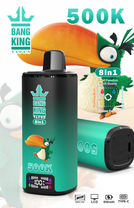 Visuel promo Bang King Vapen 8-en-1 avec motif toucan, 500K, résistance mesh, écran LCD et icônes USB-C