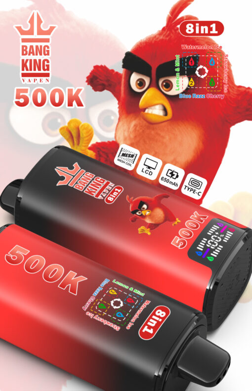 Image promo Bang King Vape 500K 8-en-1 jetable avec oiseau rouge cartoon et étiquettes de saveurs