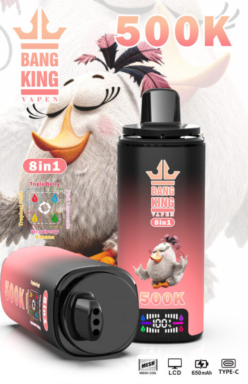 Image promo Bang King Vapen 8-en-1 avec texte 500K, étiquettes de saveurs et icônes batterie à côté d’un poulet cartoon