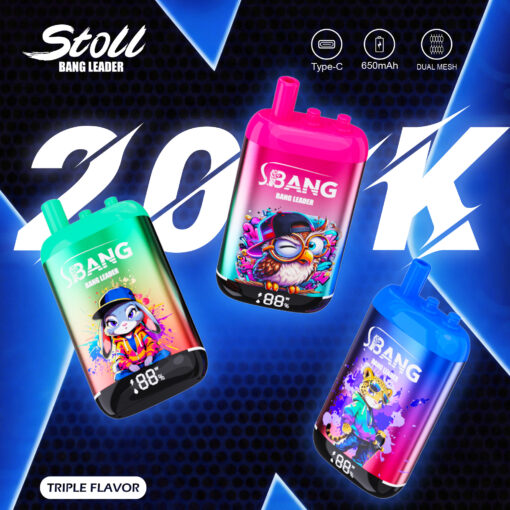 Graphique promotionnel pour les appareils vape Stoll Bang Leader avec trois pods colorés à thème cartoon et des icônes de fonctionnalités pour Type-C, 650mAh et double mesh